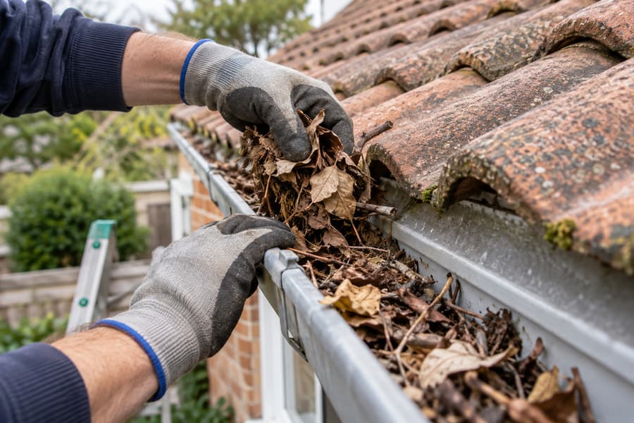 Gloved hands removing dry leaves from a clogged gutter
