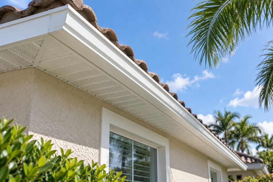 White gutter and soffit under a barrel-tile roof edge