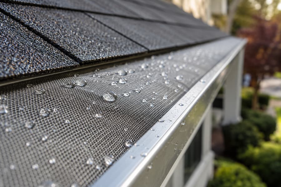 Close-up of a stainless micro-mesh gutter guard with water drops