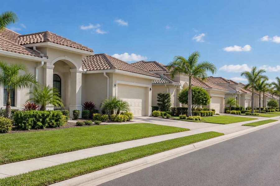 Row of Central Florida homes with tile roofs and matching white gutters in a planned community