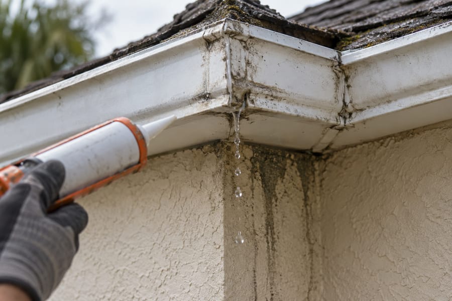 Leaking gutter corner with water stains on stucco and a caulking gun ready to re-seal it