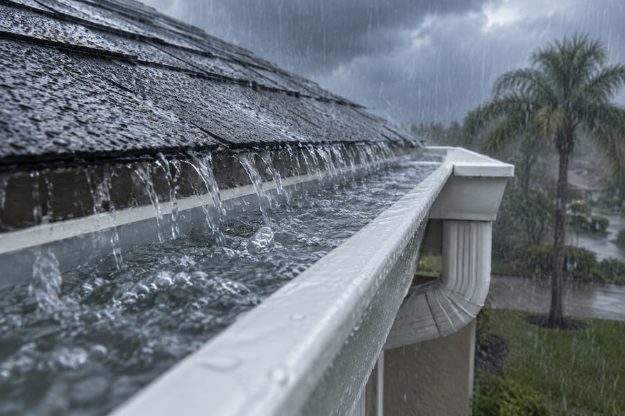 White K-style gutter carrying heavy rain toward a downspout during a Florida storm