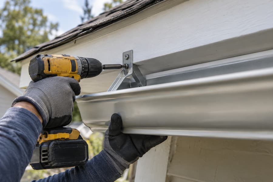 Gloved hands fastening a gutter hanger with a cordless drill