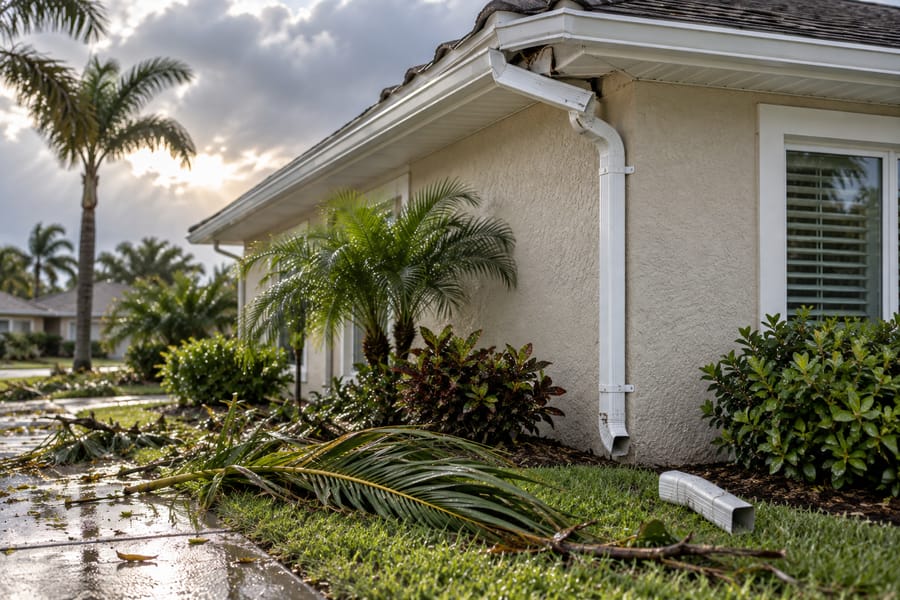 Florida home after a storm with a loose downspout elbow and palm fronds on the lawn
